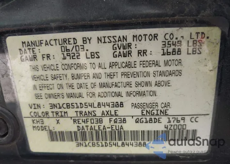 2004 Nissan Sentra 1.8S z USA, uszkodzony, nr VIN 3N1CB51D54L844388
